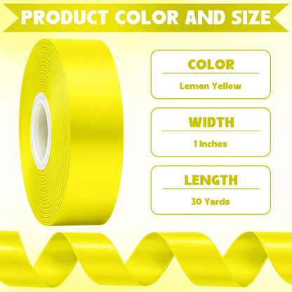 1In 30Yards Lemon Yellow Satin Ribbon for Gift Wrapping Birthday Decoration | Silky Glossy, Wear Resistant, Easy Cut, Premium Polyester, Double Stitched Edges, for Bouquets, Hair Bows and Crafts