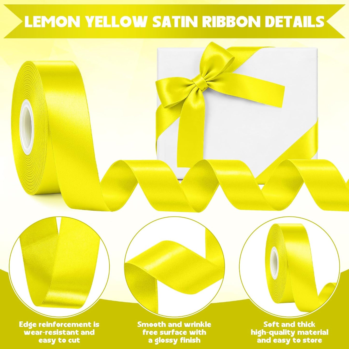 1In 30Yards Lemon Yellow Satin Ribbon for Gift Wrapping Birthday Decoration | Silky Glossy, Wear Resistant, Easy Cut, Premium Polyester, Double Stitched Edges, for Bouquets, Hair Bows and Crafts