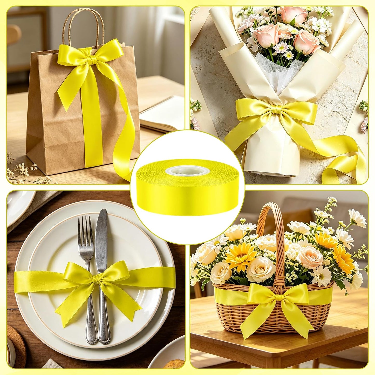 1In 30Yards Lemon Yellow Satin Ribbon for Gift Wrapping Birthday Decoration | Silky Glossy, Wear Resistant, Easy Cut, Premium Polyester, Double Stitched Edges, for Bouquets, Hair Bows and Crafts