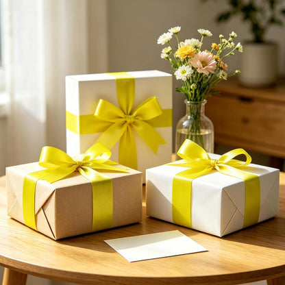 1In 30Yards Lemon Yellow Satin Ribbon for Gift Wrapping Birthday Decoration | Silky Glossy, Wear Resistant, Easy Cut, Premium Polyester, Double Stitched Edges, for Bouquets, Hair Bows and Crafts