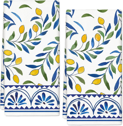 Lemon Kitchen Towel Yellow Lemon with Blue Leaves Dish Cloth 18 x 28 Inch Vintage Seasonal Hand Drying Tea Towel for Spring Summer Cooking Wiping Cleaning, 2Pcs