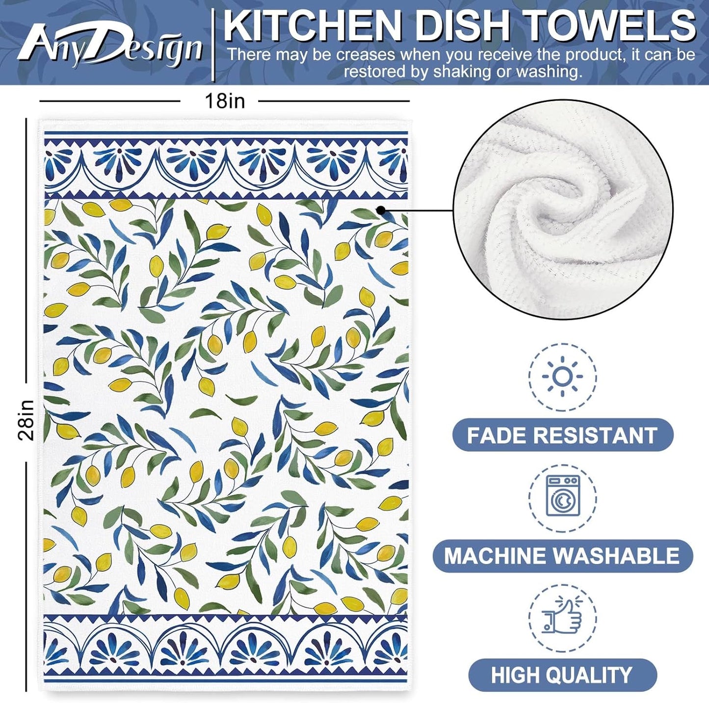 Lemon Kitchen Towel Yellow Lemon with Blue Leaves Dish Cloth 18 x 28 Inch Vintage Seasonal Hand Drying Tea Towel for Spring Summer Cooking Wiping Cleaning, 2Pcs
