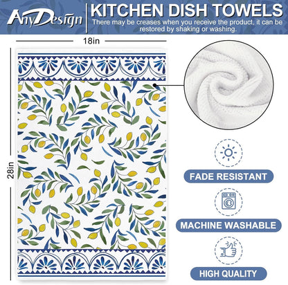 Lemon Kitchen Towel Yellow Lemon with Blue Leaves Dish Cloth 18 x 28 Inch Vintage Seasonal Hand Drying Tea Towel for Spring Summer Cooking Wiping Cleaning, 2Pcs