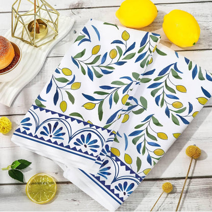 Lemon Kitchen Towel Yellow Lemon with Blue Leaves Dish Cloth 18 x 28 Inch Vintage Seasonal Hand Drying Tea Towel for Spring Summer Cooking Wiping Cleaning, 2Pcs