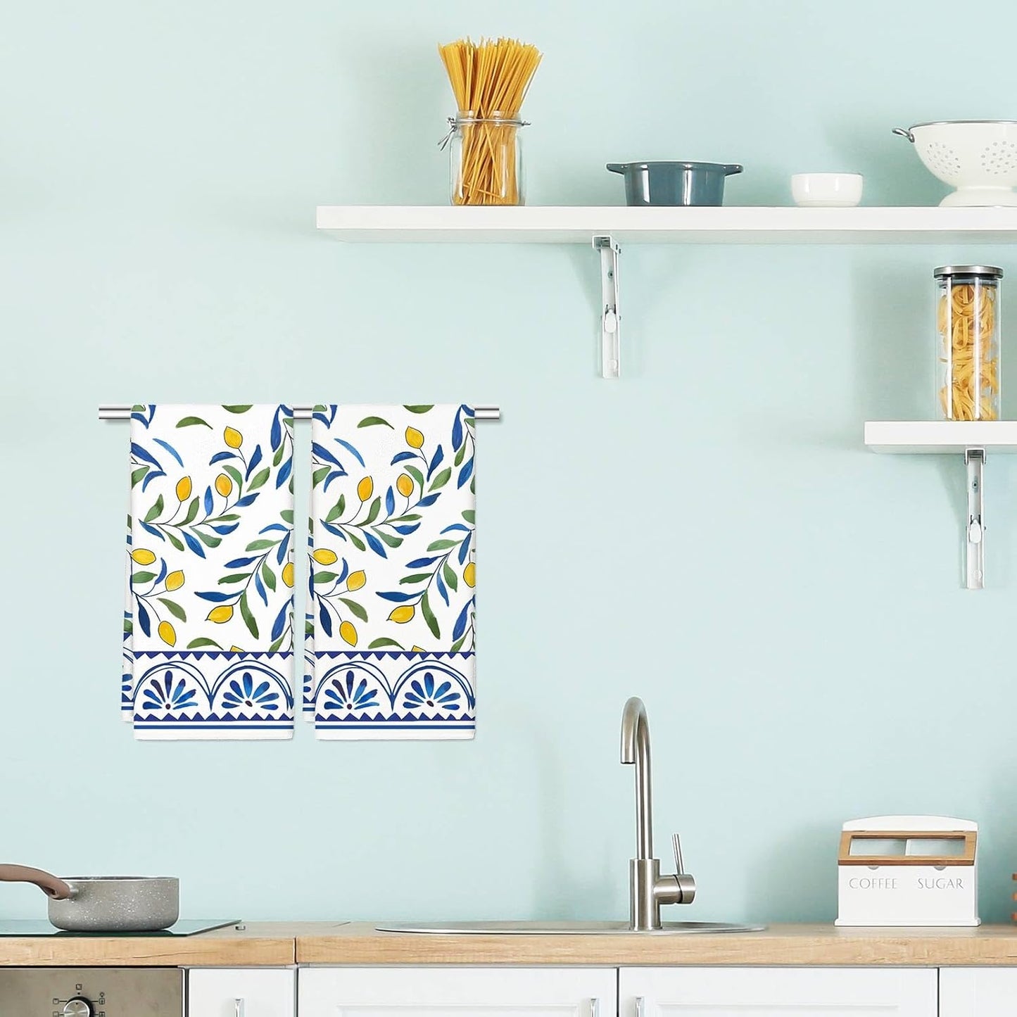 Lemon Kitchen Towel Yellow Lemon with Blue Leaves Dish Cloth 18 x 28 Inch Vintage Seasonal Hand Drying Tea Towel for Spring Summer Cooking Wiping Cleaning, 2Pcs