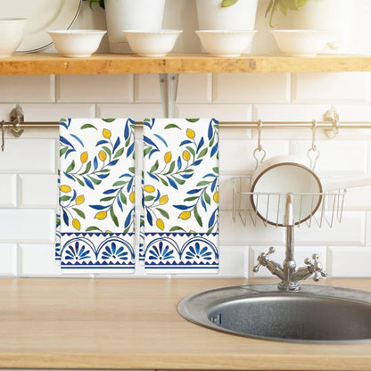 Lemon Kitchen Towel Yellow Lemon with Blue Leaves Dish Cloth 18 x 28 Inch Vintage Seasonal Hand Drying Tea Towel for Spring Summer Cooking Wiping Cleaning, 2Pcs