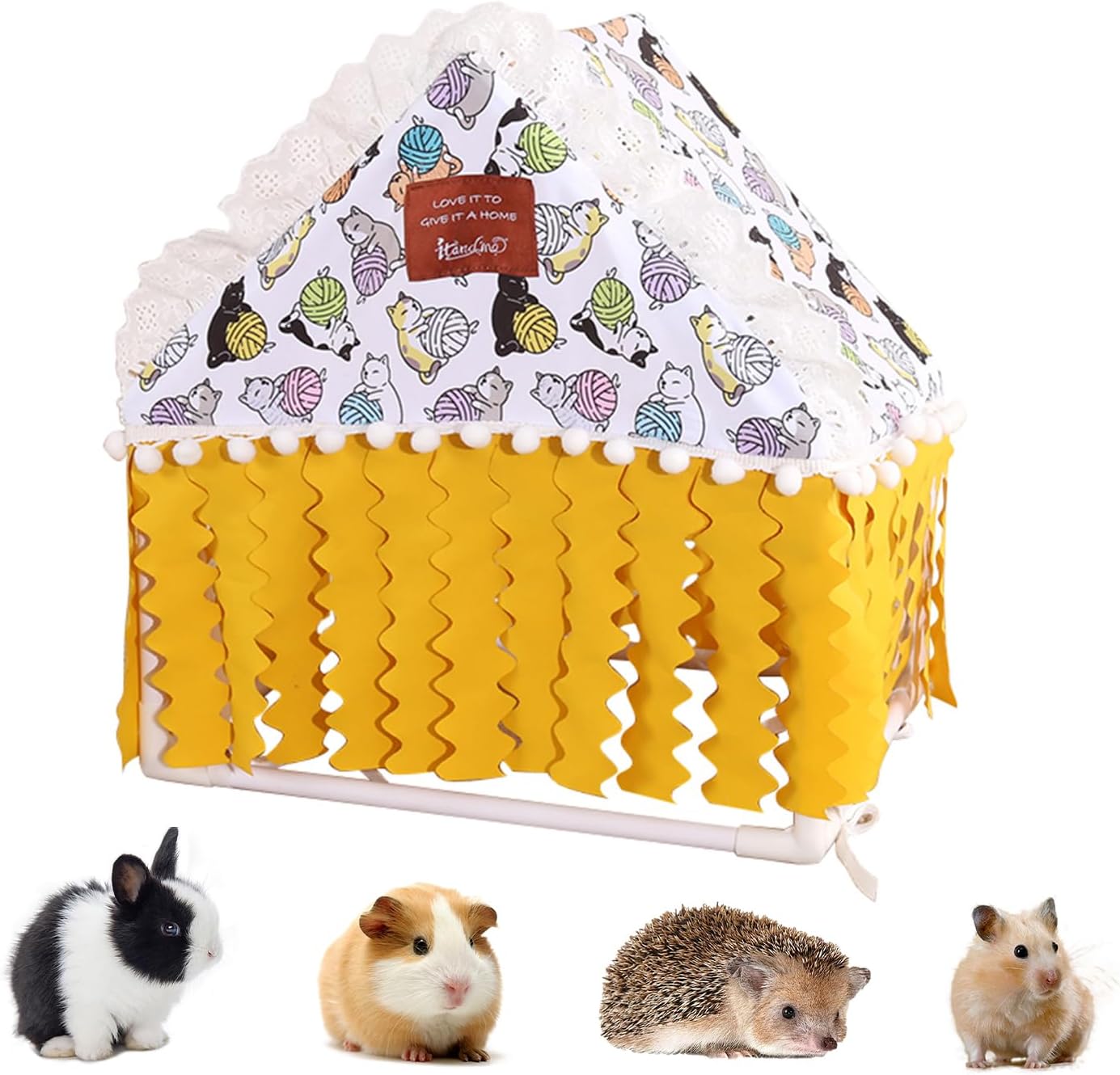Fringed Hideout Rabbit Guinea Pig Bed Easy Clean Fabric Washable & Thickened Skeleton Breathable Bunny Bed Small Animal Indoor Habitat for Guinea Pig Ferret Chinchilla (Yellow, Small)