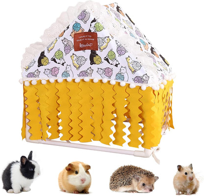 Fringed Hideout Rabbit Guinea Pig Bed Easy Clean Fabric Washable & Thickened Skeleton Breathable Bunny Bed Small Animal Indoor Habitat for Guinea Pig Ferret Chinchilla (Yellow, Small)