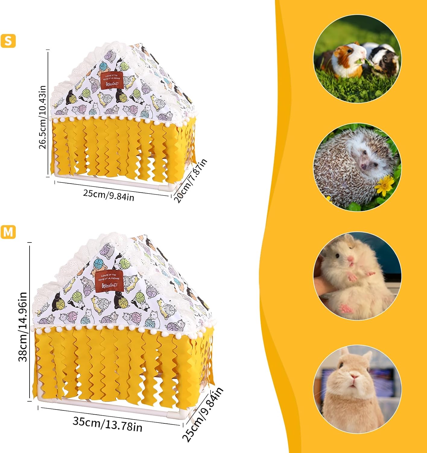 Fringed Hideout Rabbit Guinea Pig Bed Easy Clean Fabric Washable & Thickened Skeleton Breathable Bunny Bed Small Animal Indoor Habitat for Guinea Pig Ferret Chinchilla (Yellow, Small)
