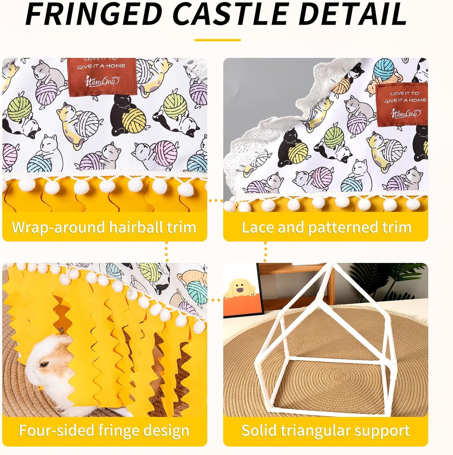 Fringed Hideout Rabbit Guinea Pig Bed Easy Clean Fabric Washable & Thickened Skeleton Breathable Bunny Bed Small Animal Indoor Habitat for Guinea Pig Ferret Chinchilla (Yellow, Small)