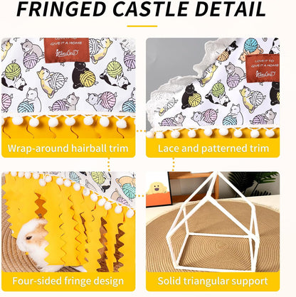 Fringed Hideout Rabbit Guinea Pig Bed Easy Clean Fabric Washable & Thickened Skeleton Breathable Bunny Bed Small Animal Indoor Habitat for Guinea Pig Ferret Chinchilla (Yellow, Small)
