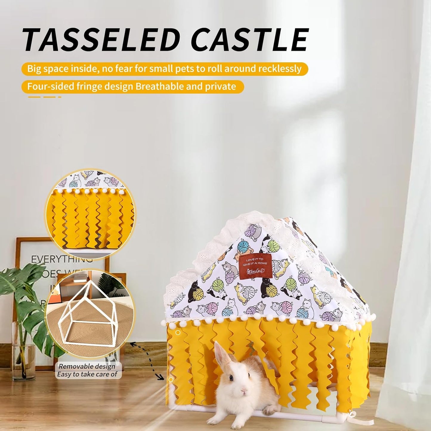 Fringed Hideout Rabbit Guinea Pig Bed Easy Clean Fabric Washable & Thickened Skeleton Breathable Bunny Bed Small Animal Indoor Habitat for Guinea Pig Ferret Chinchilla (Yellow, Small)