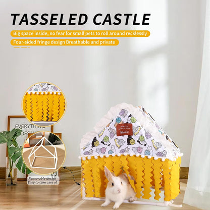 Fringed Hideout Rabbit Guinea Pig Bed Easy Clean Fabric Washable & Thickened Skeleton Breathable Bunny Bed Small Animal Indoor Habitat for Guinea Pig Ferret Chinchilla (Yellow, Small)