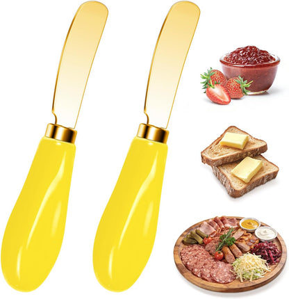 Butter Spreader Knives Set of 2, Gold Stainless Steel Butter Knife with Yellow Porcelain Handles, Blunt Edge Cheese Spreader Set for Soft Cheese, Butter, Jam, Charcuterie, Pastry