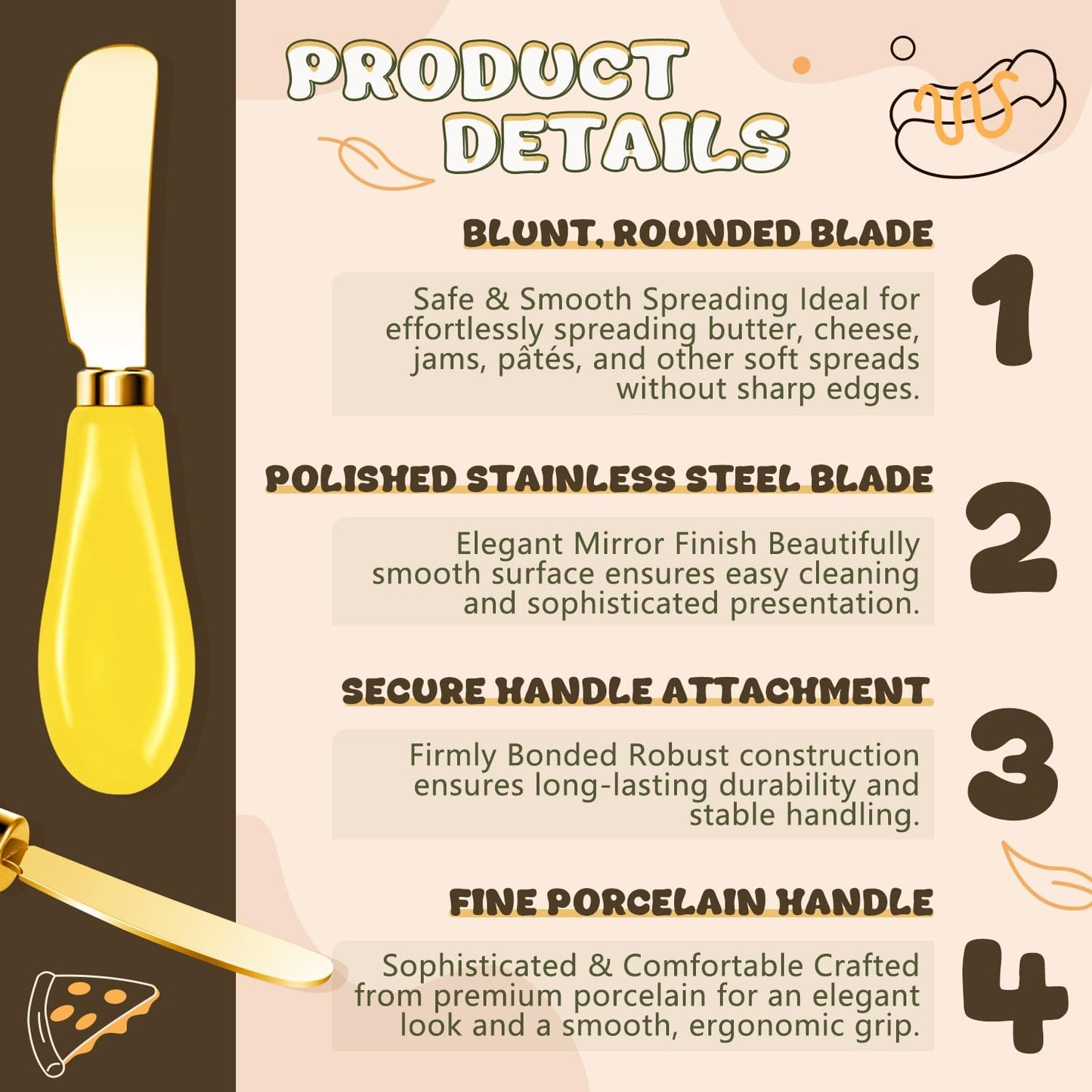 Butter Spreader Knives Set of 2, Gold Stainless Steel Butter Knife with Yellow Porcelain Handles, Blunt Edge Cheese Spreader Set for Soft Cheese, Butter, Jam, Charcuterie, Pastry