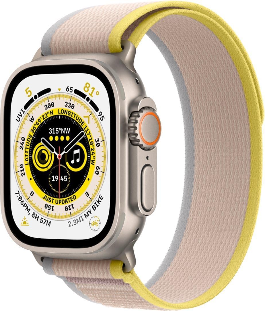 Apple Watch Ultra [GPS + Cellular 49mm] Titanium Case with Yellow/Beige Trail Loop, M/L (Renewed)