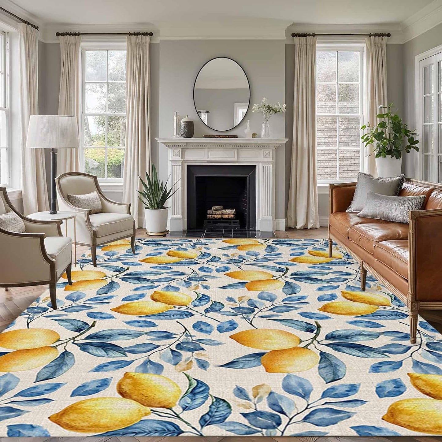 5x7 Area Rugs for Living Room, Lemon Non Slip Area Rugs for Kitchen Bedroom Entryway, Spring Summer Pastoral Fruit Leaf Branch Washable Carpet Runner Rug Floor Mats for Bedroom Home Decor