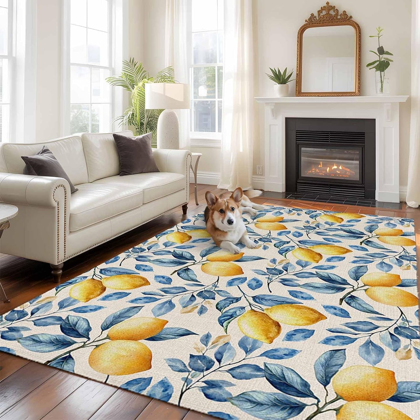 5x7 Area Rugs for Living Room, Lemon Non Slip Area Rugs for Kitchen Bedroom Entryway, Spring Summer Pastoral Fruit Leaf Branch Washable Carpet Runner Rug Floor Mats for Bedroom Home Decor