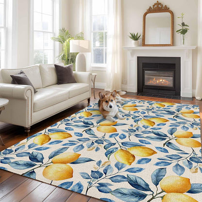 5x7 Area Rugs for Living Room, Lemon Non Slip Area Rugs for Kitchen Bedroom Entryway, Spring Summer Pastoral Fruit Leaf Branch Washable Carpet Runner Rug Floor Mats for Bedroom Home Decor