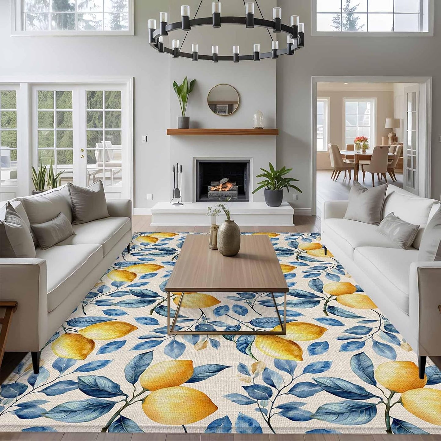 5x7 Area Rugs for Living Room, Lemon Non Slip Area Rugs for Kitchen Bedroom Entryway, Spring Summer Pastoral Fruit Leaf Branch Washable Carpet Runner Rug Floor Mats for Bedroom Home Decor