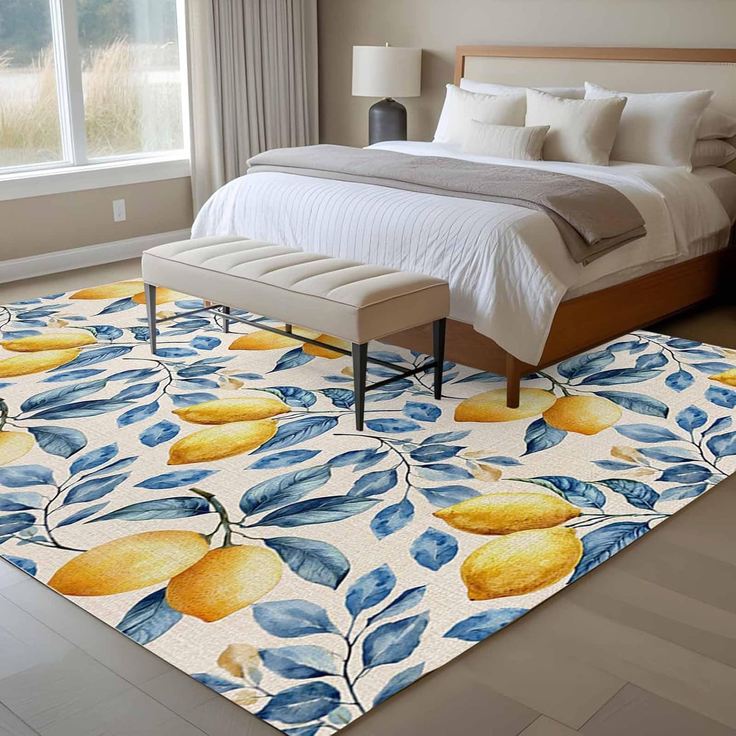 5x7 Area Rugs for Living Room, Lemon Non Slip Area Rugs for Kitchen Bedroom Entryway, Spring Summer Pastoral Fruit Leaf Branch Washable Carpet Runner Rug Floor Mats for Bedroom Home Decor