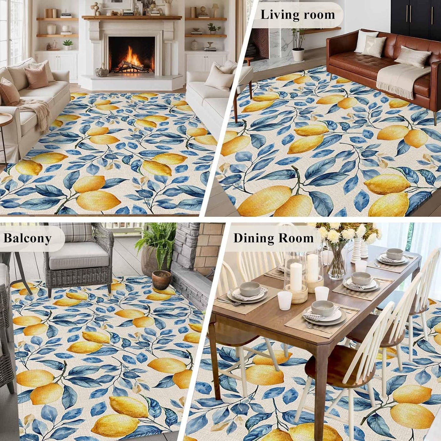 5x7 Area Rugs for Living Room, Lemon Non Slip Area Rugs for Kitchen Bedroom Entryway, Spring Summer Pastoral Fruit Leaf Branch Washable Carpet Runner Rug Floor Mats for Bedroom Home Decor