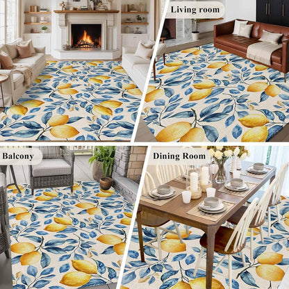 5x7 Area Rugs for Living Room, Lemon Non Slip Area Rugs for Kitchen Bedroom Entryway, Spring Summer Pastoral Fruit Leaf Branch Washable Carpet Runner Rug Floor Mats for Bedroom Home Decor