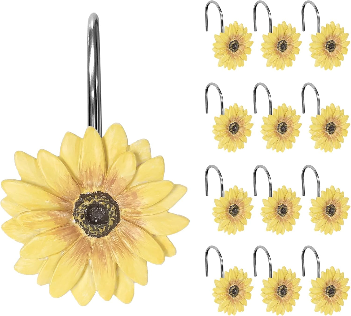 Yellow Sunflower Shower Curtain Hooks, Home Decorative Shower Curtain Rings for Bathroom, Resin, Summer Floral Shower Curtain Hanger Hooks for Living Room, Set of 12