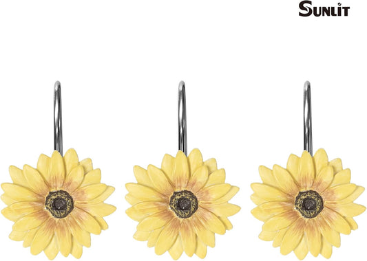 Yellow Sunflower Shower Curtain Hooks, Home Decorative Shower Curtain Rings for Bathroom, Resin, Summer Floral Shower Curtain Hanger Hooks for Living Room, Set of 12