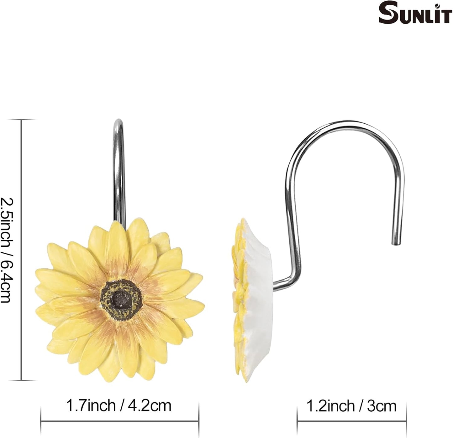Yellow Sunflower Shower Curtain Hooks, Home Decorative Shower Curtain Rings for Bathroom, Resin, Summer Floral Shower Curtain Hanger Hooks for Living Room, Set of 12