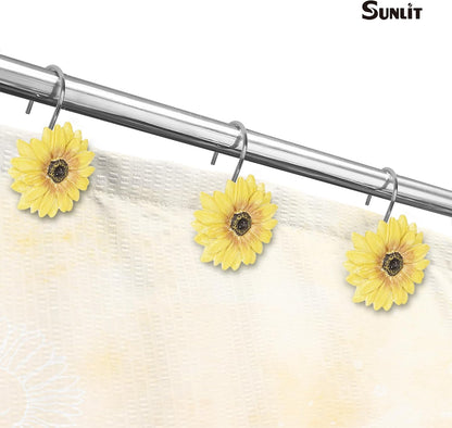 Yellow Sunflower Shower Curtain Hooks, Home Decorative Shower Curtain Rings for Bathroom, Resin, Summer Floral Shower Curtain Hanger Hooks for Living Room, Set of 12