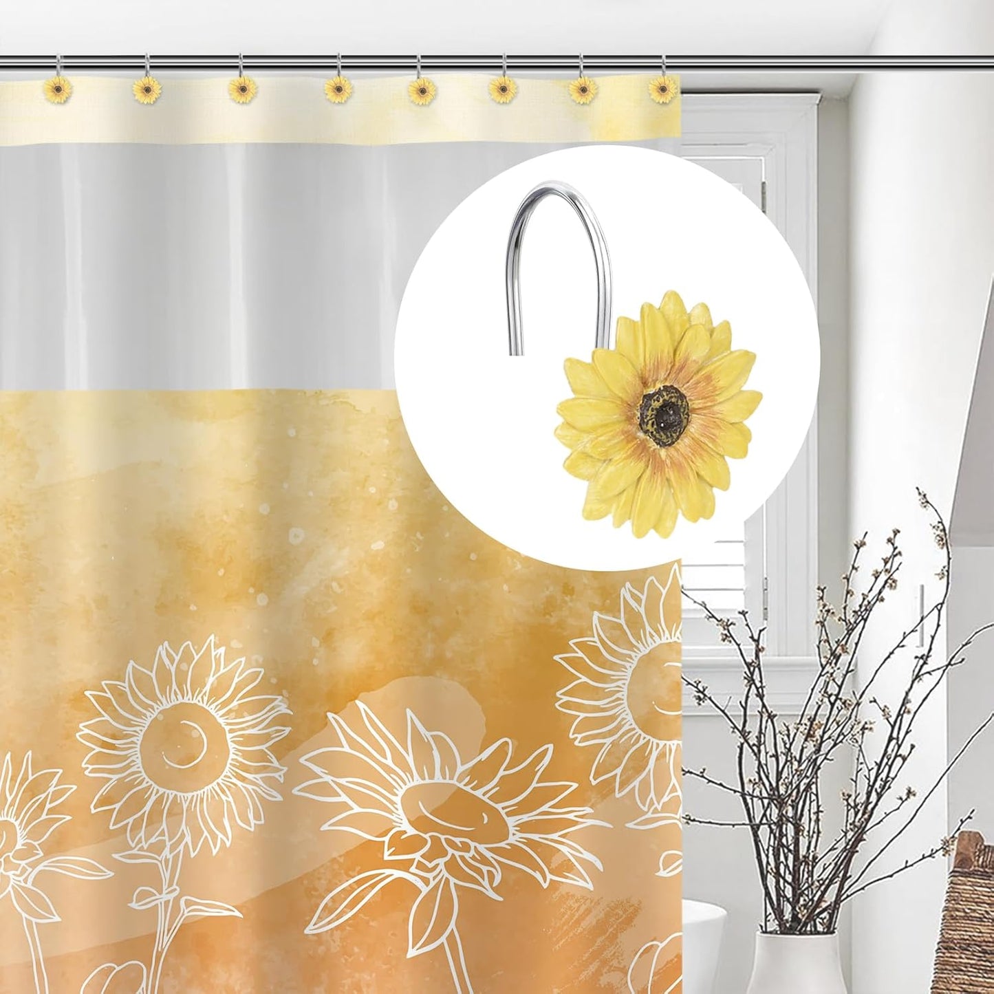 Yellow Sunflower Shower Curtain Hooks, Home Decorative Shower Curtain Rings for Bathroom, Resin, Summer Floral Shower Curtain Hanger Hooks for Living Room, Set of 12