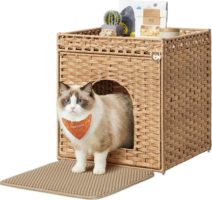 Feandrea Cat Litter Box Enclosure, Handwoven Rattan Hidden Furniture | Extra Mat, Removable Washable Tray, Boho Cat House, End Table, Goose Yellow UPCL024YE01
