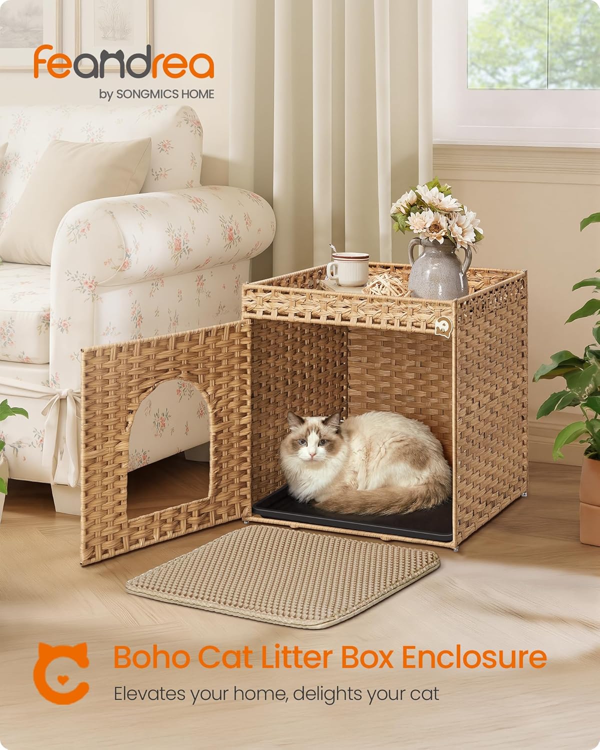 Feandrea Cat Litter Box Enclosure, Handwoven Rattan Hidden Furniture | Extra Mat, Removable Washable Tray, Boho Cat House, End Table, Goose Yellow UPCL024YE01