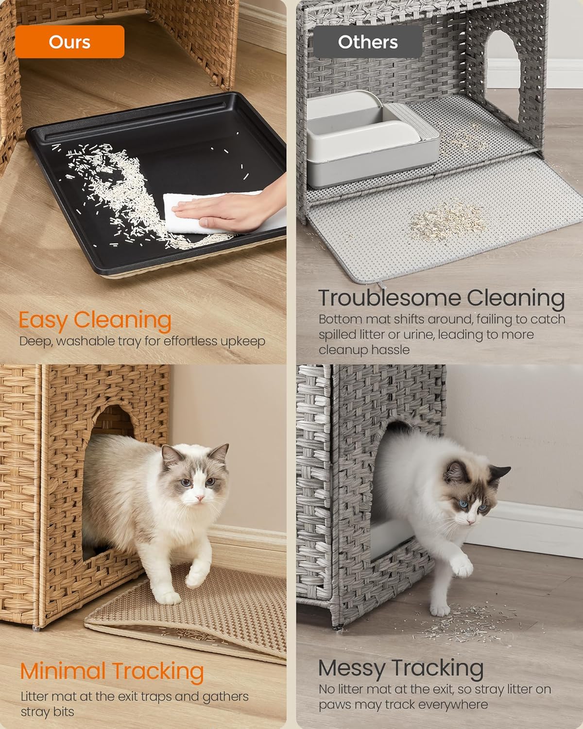 Feandrea Cat Litter Box Enclosure, Handwoven Rattan Hidden Furniture | Extra Mat, Removable Washable Tray, Boho Cat House, End Table, Goose Yellow UPCL024YE01