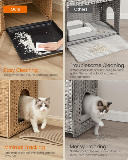 Feandrea Cat Litter Box Enclosure, Handwoven Rattan Hidden Furniture | Extra Mat, Removable Washable Tray, Boho Cat House, End Table, Goose Yellow UPCL024YE01