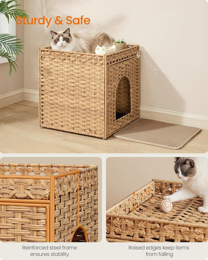 Feandrea Cat Litter Box Enclosure, Handwoven Rattan Hidden Furniture | Extra Mat, Removable Washable Tray, Boho Cat House, End Table, Goose Yellow UPCL024YE01