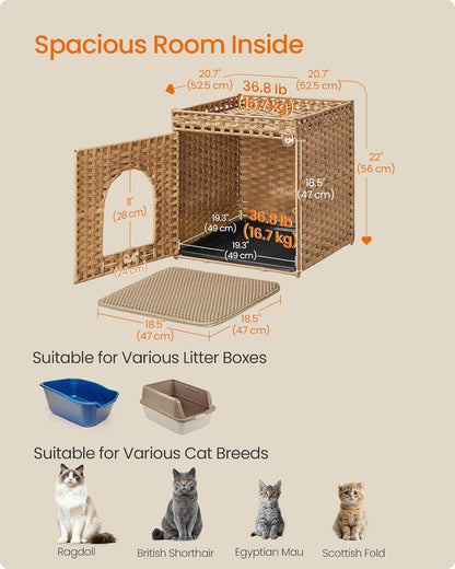 Feandrea Cat Litter Box Enclosure, Handwoven Rattan Hidden Furniture | Extra Mat, Removable Washable Tray, Boho Cat House, End Table, Goose Yellow UPCL024YE01