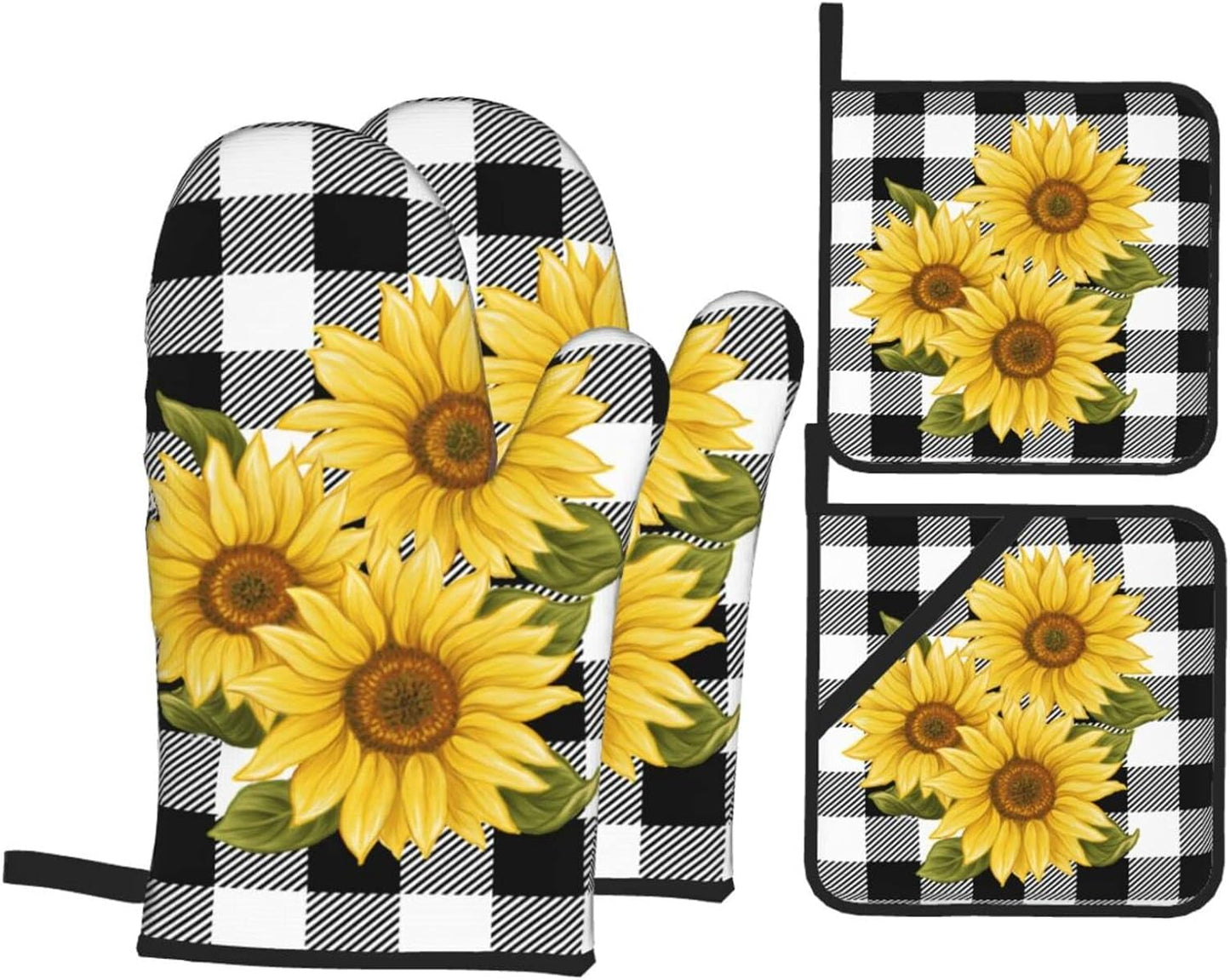 Sunflower Black White Buffalo Plaid Oven Mitts and Pot Holders Sets of 4 High Heat Resistant Yellow Floral Lumberjack Check Oven Mitts with Oven Gloves and Hot Pads Non-Slip Potholders for Kitchen BBQ