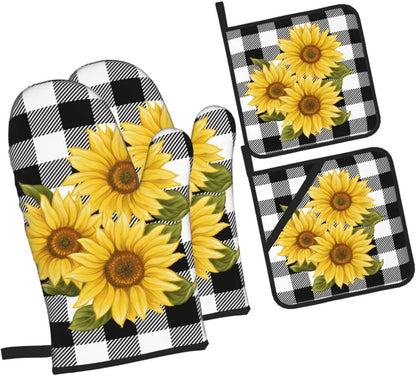 Sunflower Black White Buffalo Plaid Oven Mitts and Pot Holders Sets of 4 High Heat Resistant Yellow Floral Lumberjack Check Oven Mitts with Oven Gloves and Hot Pads Non-Slip Potholders for Kitchen BBQ