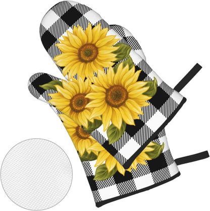 Sunflower Black White Buffalo Plaid Oven Mitts and Pot Holders Sets of 4 High Heat Resistant Yellow Floral Lumberjack Check Oven Mitts with Oven Gloves and Hot Pads Non-Slip Potholders for Kitchen BBQ