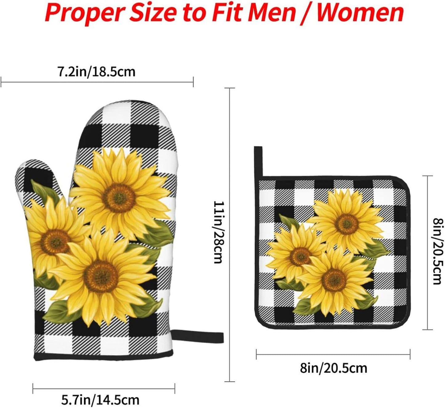 Sunflower Black White Buffalo Plaid Oven Mitts and Pot Holders Sets of 4 High Heat Resistant Yellow Floral Lumberjack Check Oven Mitts with Oven Gloves and Hot Pads Non-Slip Potholders for Kitchen BBQ