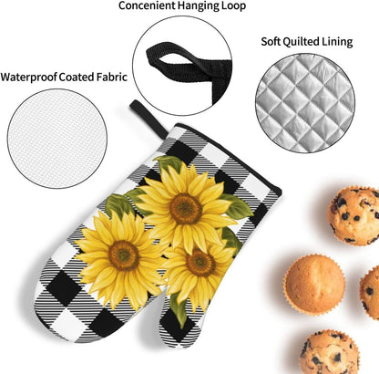 Sunflower Black White Buffalo Plaid Oven Mitts and Pot Holders Sets of 4 High Heat Resistant Yellow Floral Lumberjack Check Oven Mitts with Oven Gloves and Hot Pads Non-Slip Potholders for Kitchen BBQ