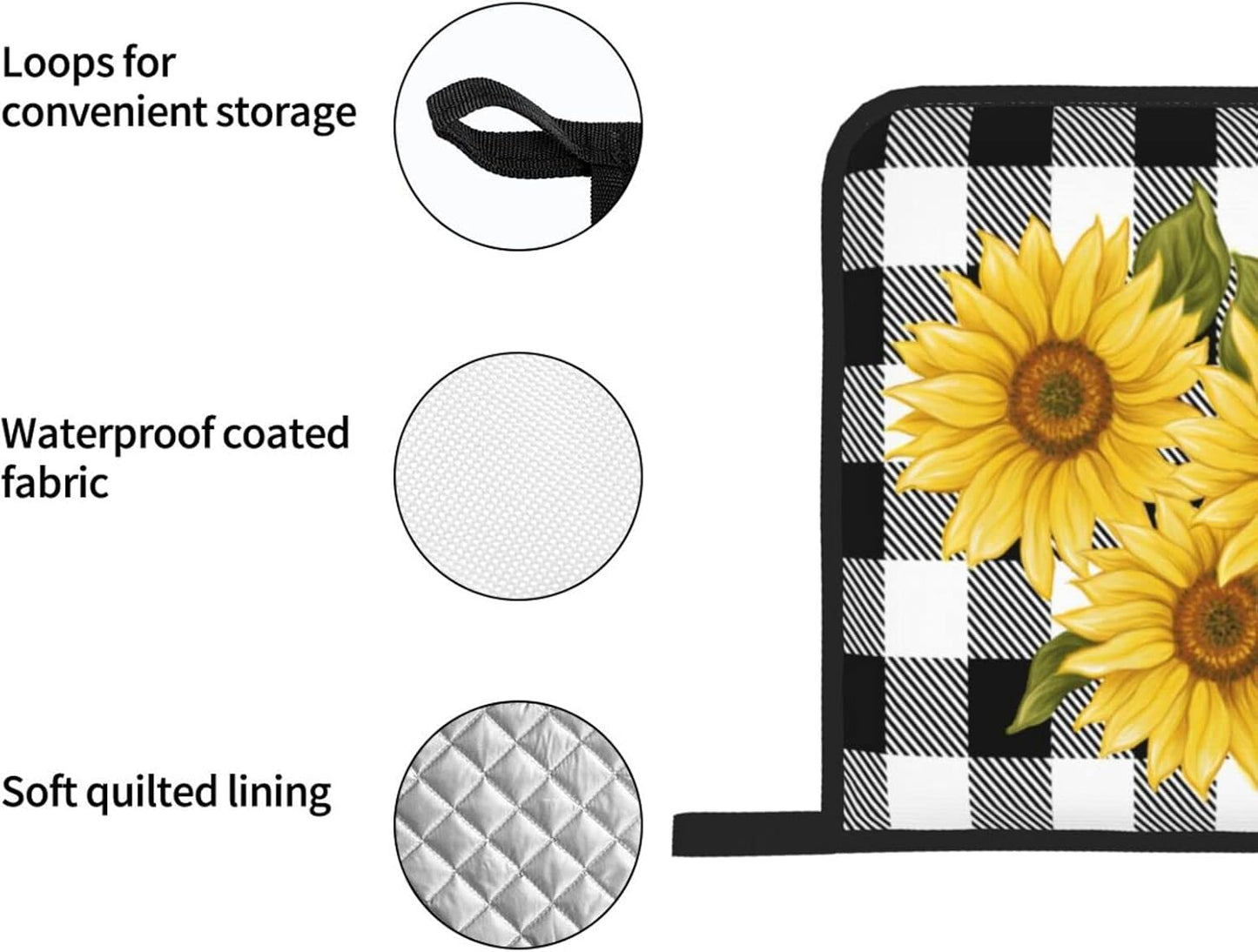 Sunflower Black White Buffalo Plaid Oven Mitts and Pot Holders Sets of 4 High Heat Resistant Yellow Floral Lumberjack Check Oven Mitts with Oven Gloves and Hot Pads Non-Slip Potholders for Kitchen BBQ