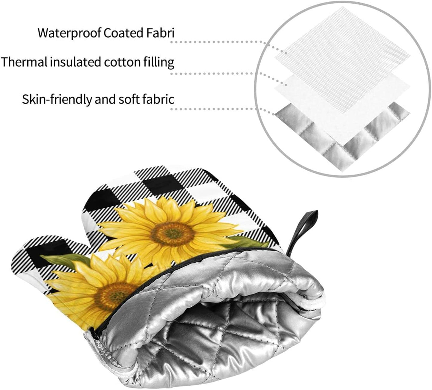 Sunflower Black White Buffalo Plaid Oven Mitts and Pot Holders Sets of 4 High Heat Resistant Yellow Floral Lumberjack Check Oven Mitts with Oven Gloves and Hot Pads Non-Slip Potholders for Kitchen BBQ