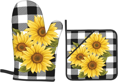 Sunflower Black White Buffalo Plaid Oven Mitts and Pot Holders Sets of 4 High Heat Resistant Yellow Floral Lumberjack Check Oven Mitts with Oven Gloves and Hot Pads Non-Slip Potholders for Kitchen BBQ