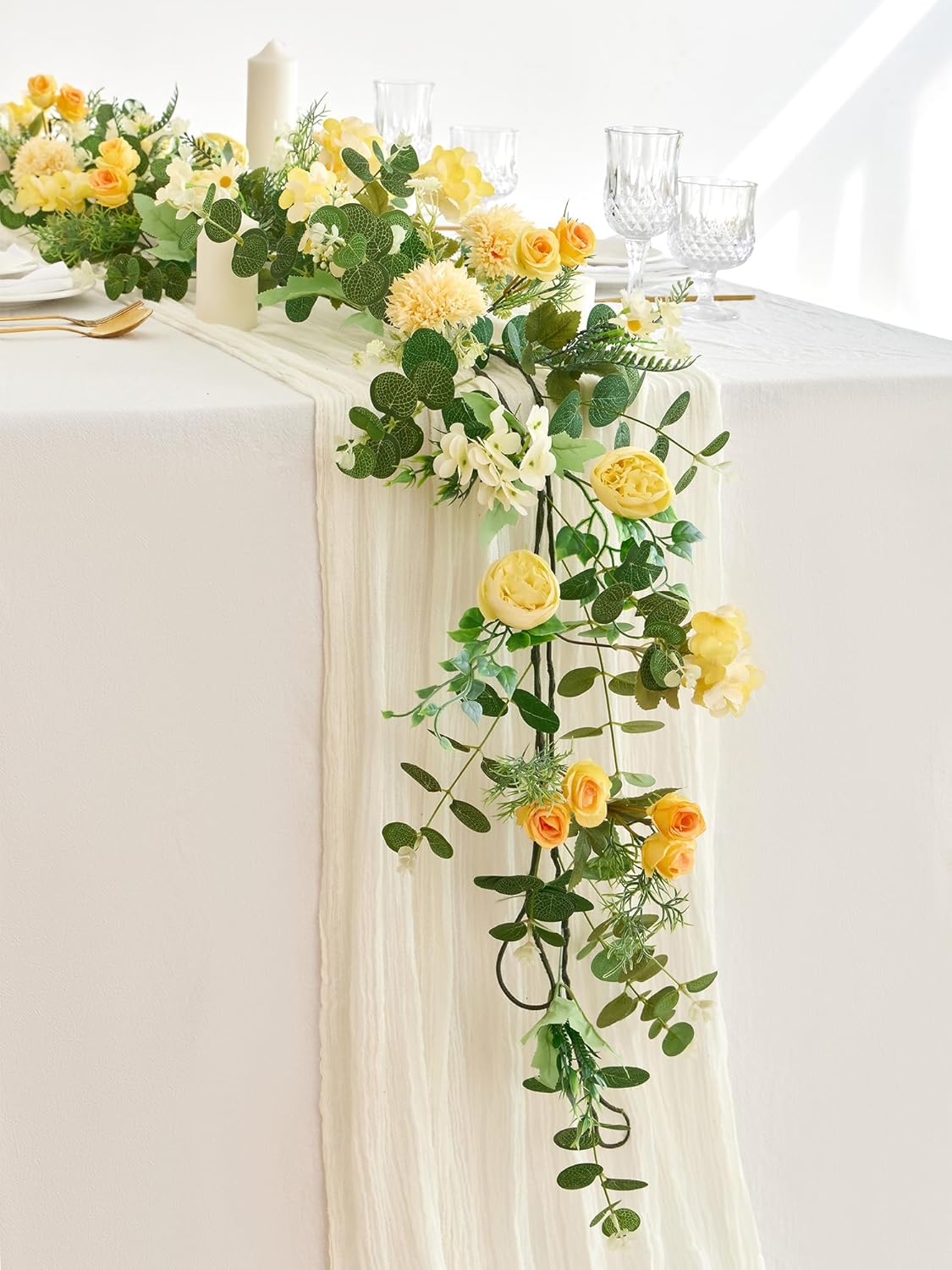 MISSPIN 5.9Ft Eucalyptus Garland with Flowers, Artificial Fake Flower Greenery Spring Garland for Baby Shower Wedding Mantle Table Centerpiece Spring Decor