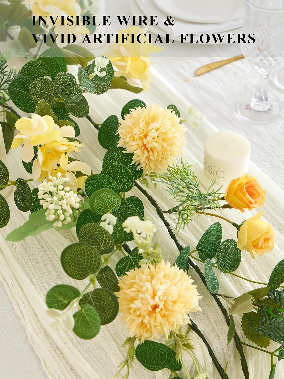 MISSPIN 5.9Ft Eucalyptus Garland with Flowers, Artificial Fake Flower Greenery Spring Garland for Baby Shower Wedding Mantle Table Centerpiece Spring Decor