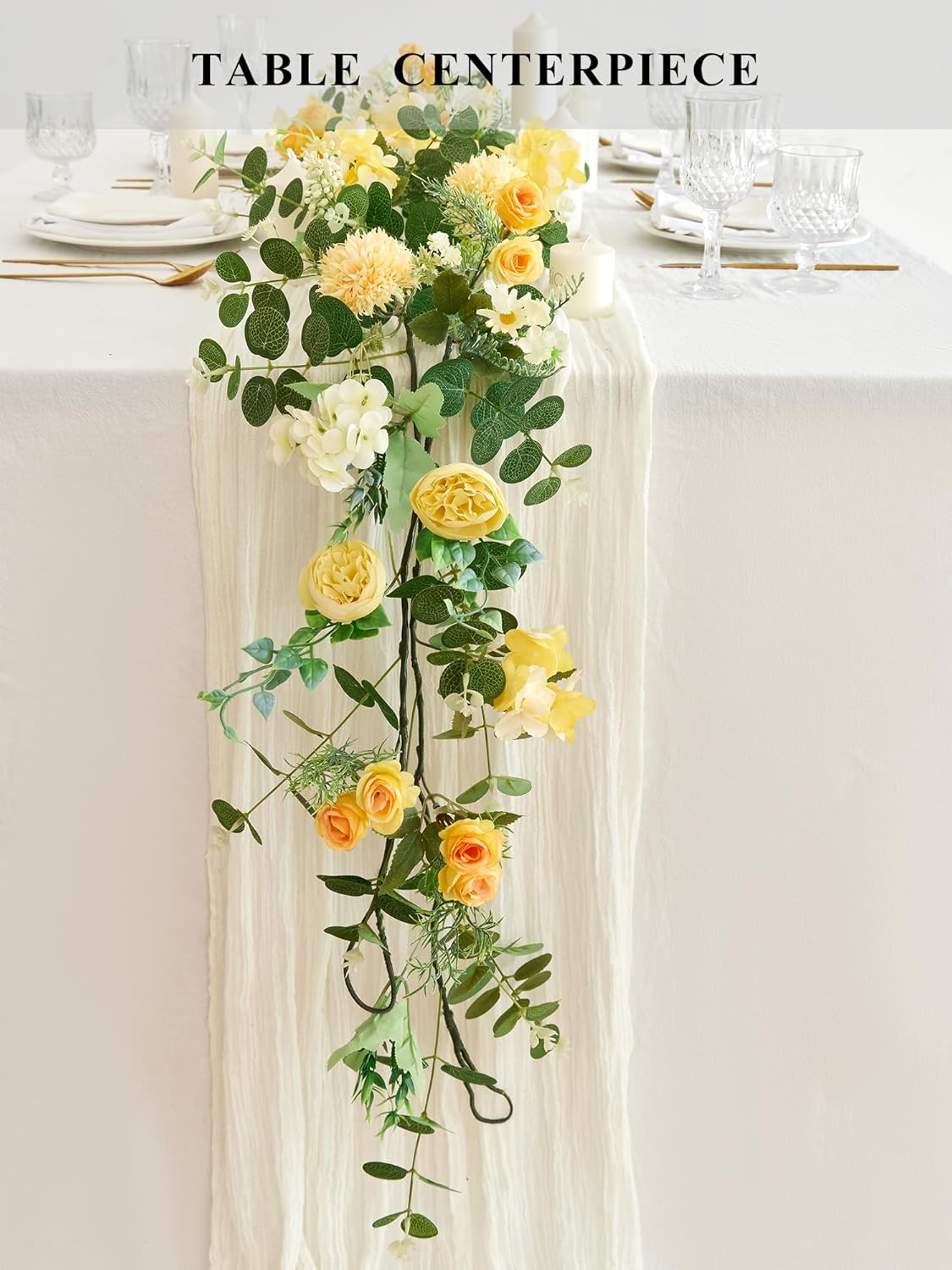 MISSPIN 5.9Ft Eucalyptus Garland with Flowers, Artificial Fake Flower Greenery Spring Garland for Baby Shower Wedding Mantle Table Centerpiece Spring Decor