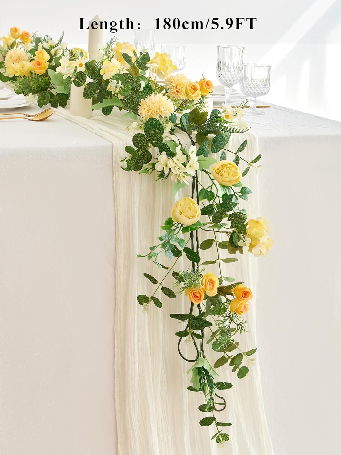MISSPIN 5.9Ft Eucalyptus Garland with Flowers, Artificial Fake Flower Greenery Spring Garland for Baby Shower Wedding Mantle Table Centerpiece Spring Decor